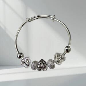 Elegant 925 Stamped Silver Plated Adjustable Bangle with Heart and Bead Charms